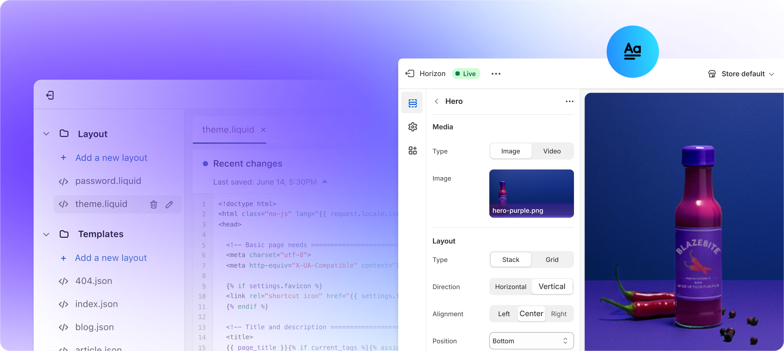 2 screens: a sample of Liquid code, and the Shopify online store editor